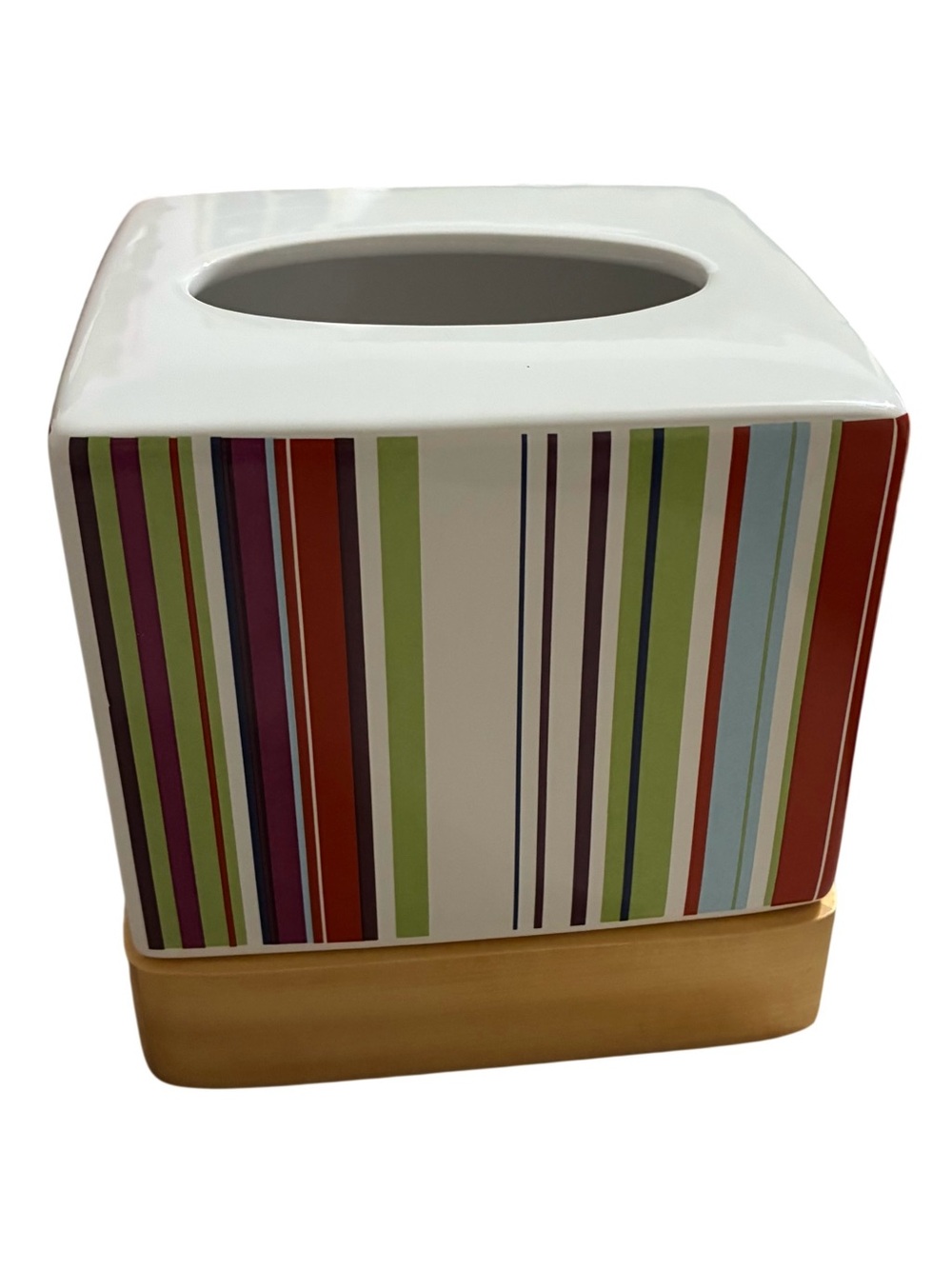 TISSUE BOX COVER CERAMIC MULTICOLORED VERTICAL STRIPES CONTEMPORARY WOOD BASE